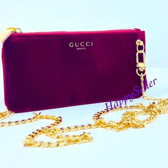 Gucci Crossbody Pouch Gold Chain Purse Velvet Burgundy Mini